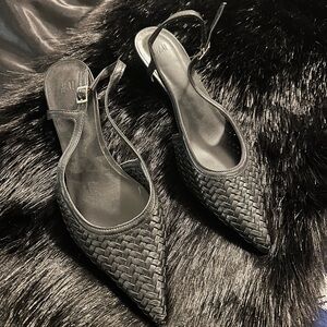 Black Woven Slingback Kitten Heels